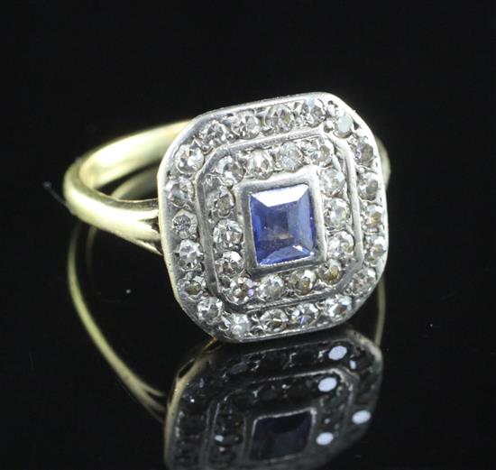 A 1930s/1940s Art Deco 18ct gold, sapphire and diamond ring, size O.